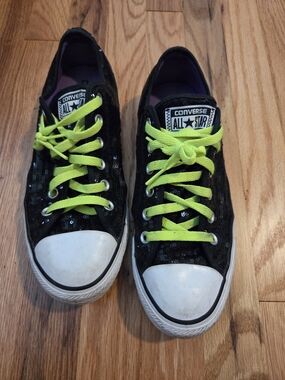 Converse All Star Black Sequin Sneakers with Neon Yellow Laces